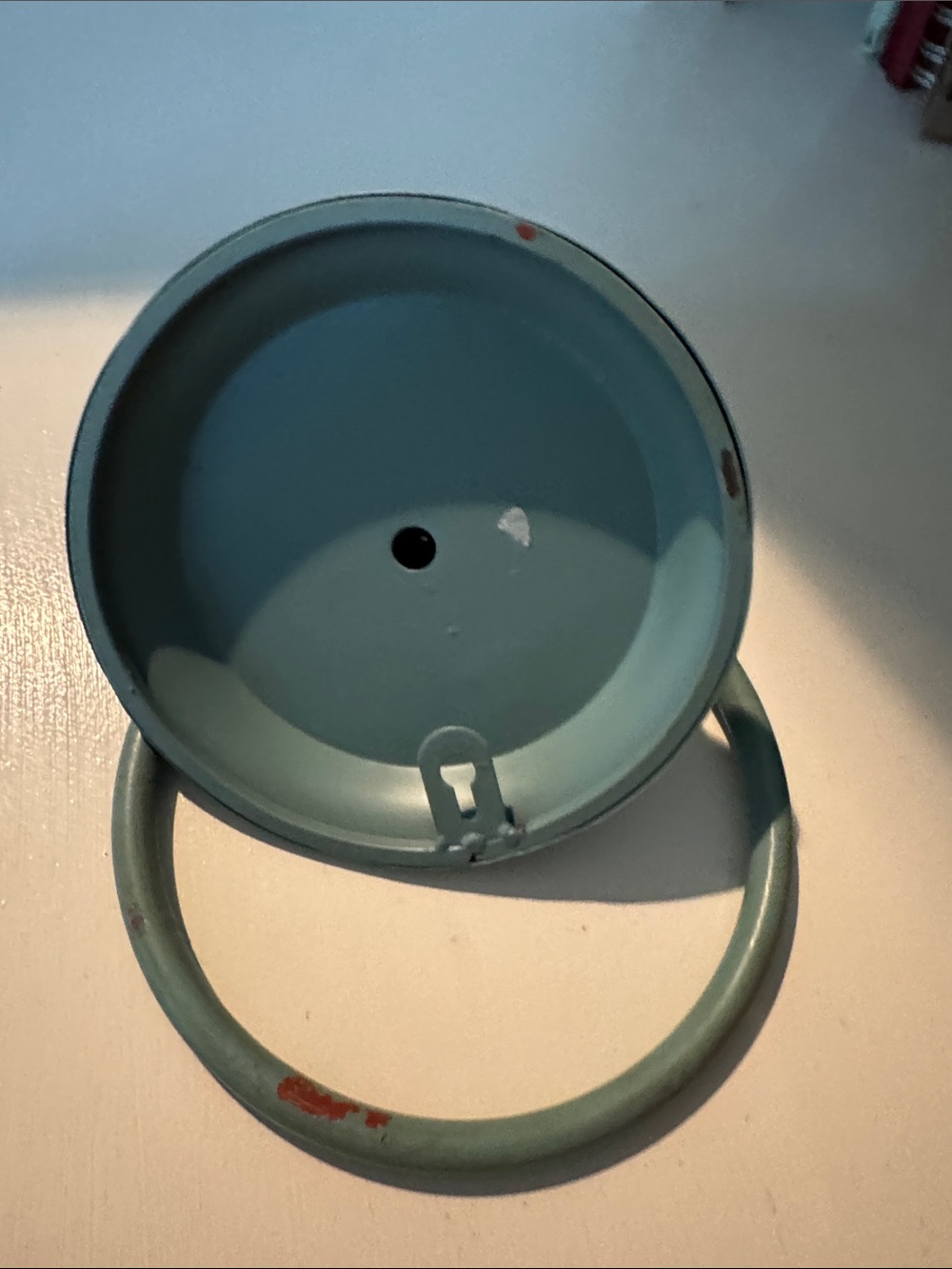 Distressed Teal Green Metal Towel Ring with Rust Paint Accents - Picture 2 of 3